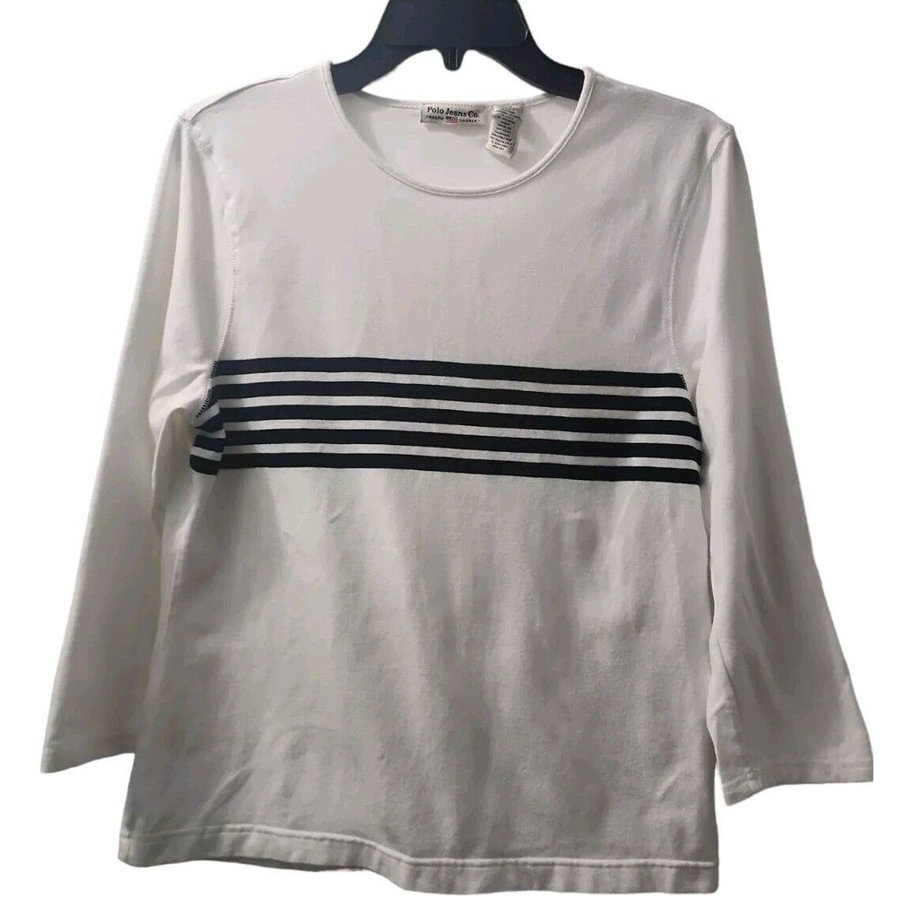 Polo Jeans Co. Striped Long Sleeve Top Crew Neck White Casual ‎ Size M
